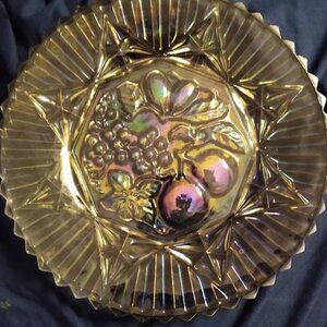 Vintage Black Carnival Glass Dish Iridescent Fruit with a Ruffled Sawtooth Edge